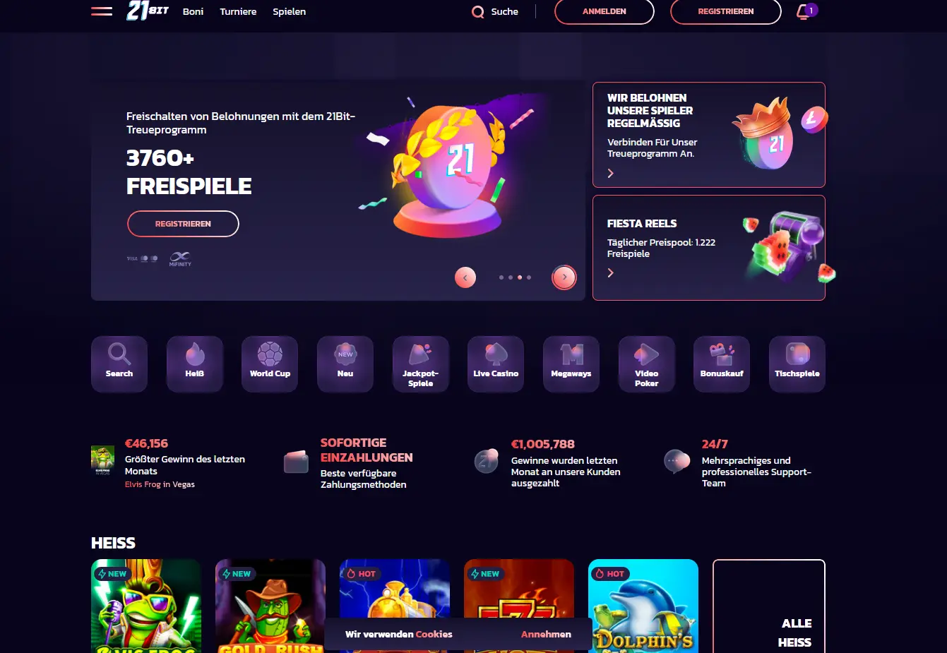 Startseite des 21bit Casino mit Willkommenspaket und Spielkatalog