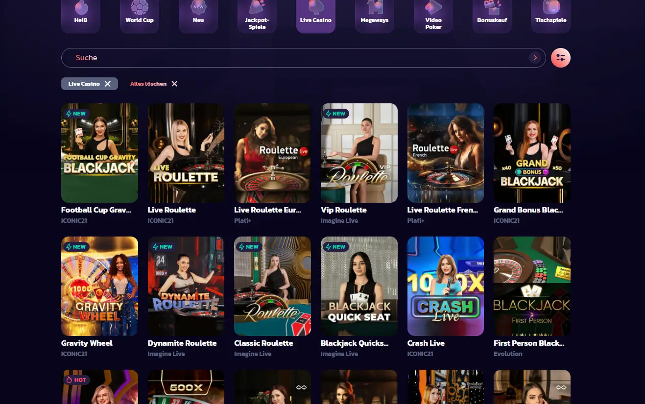 Live-Casino-Lobby bei 21bit mit echten Dealern